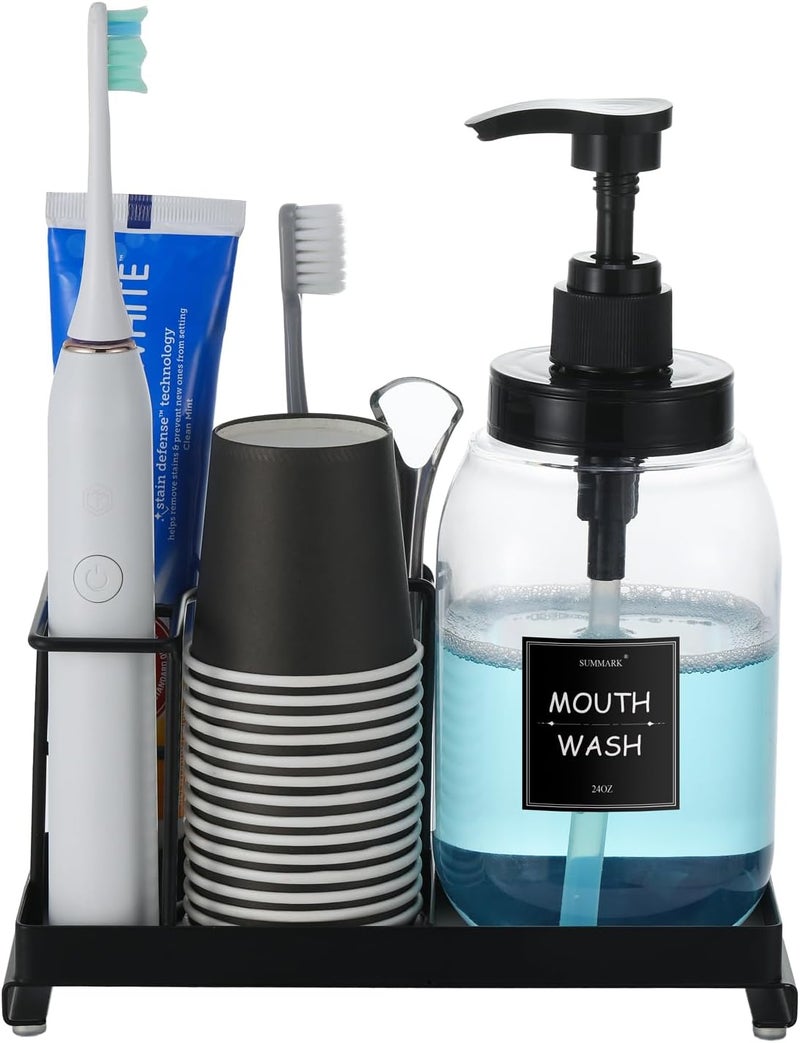 Summark Mouthwash Dispenser with Toothbrush Holder,Mouth Wash Pump Bottle with Stainless Steel Cup Holder,24 OZ Refillable Clear Mouthwash Container with 21Pcs Paper Cups - Image 1